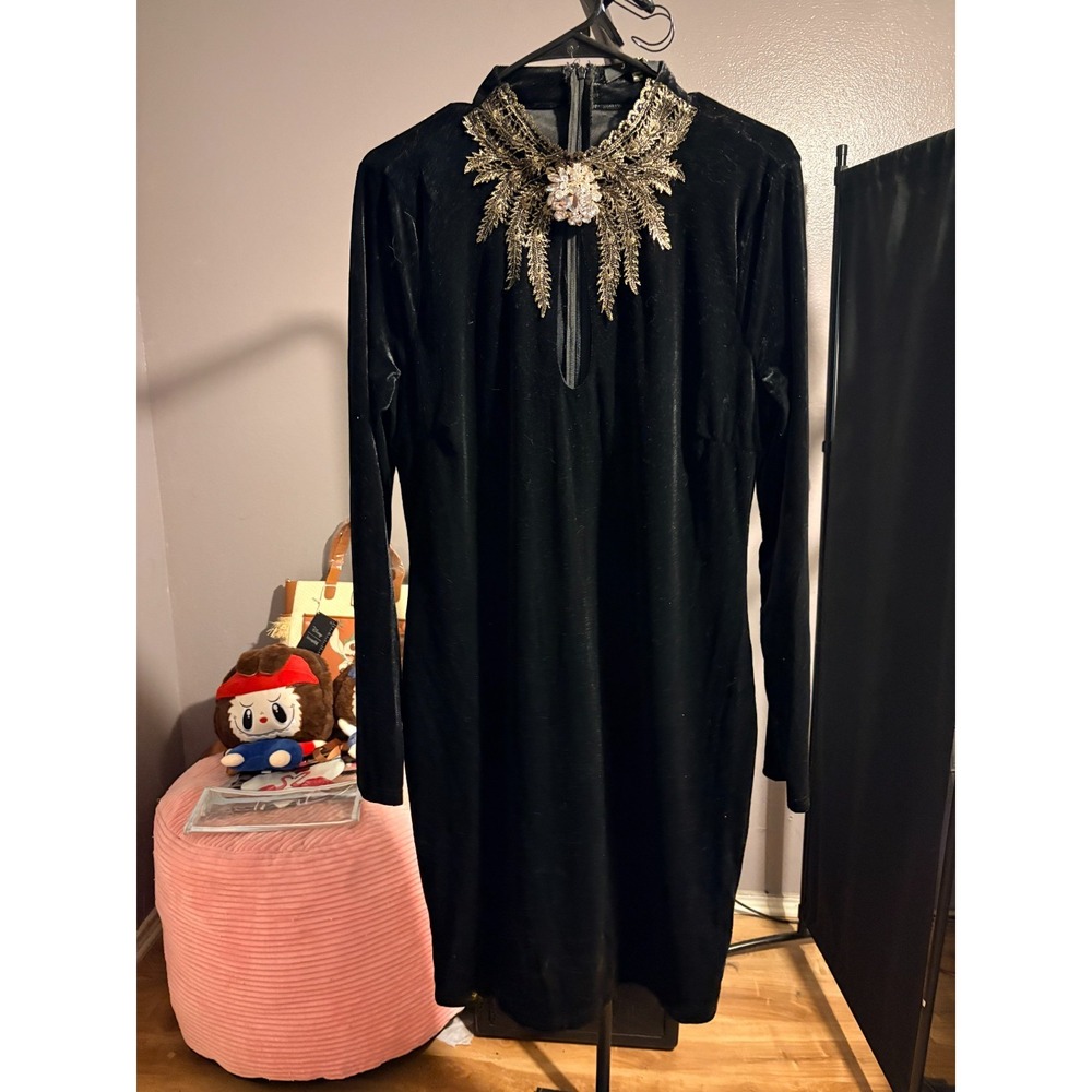 J. Our Long Black Velvety Dress Gold Applique Neck, Rhinestone Brooch Sz 1X